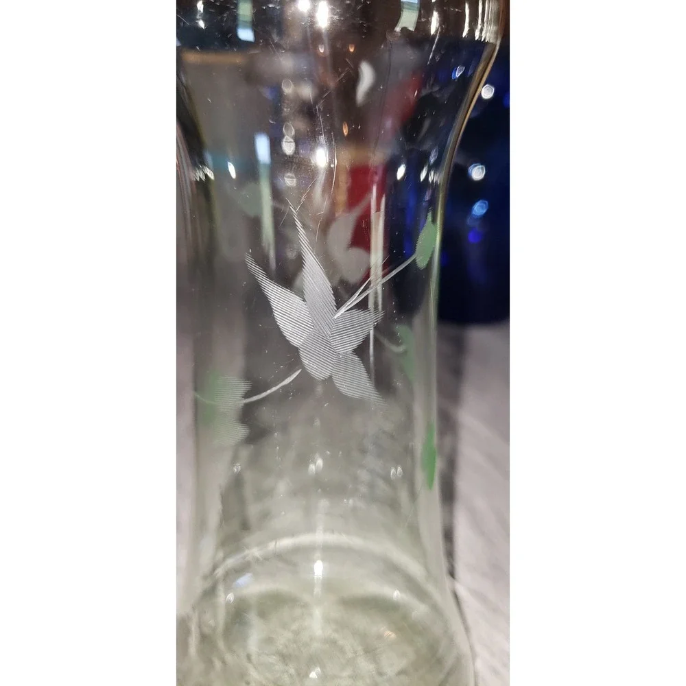 Vintage Etched Clear Glass Floral Vase Waisted Flared Rim Centerpiece Decor